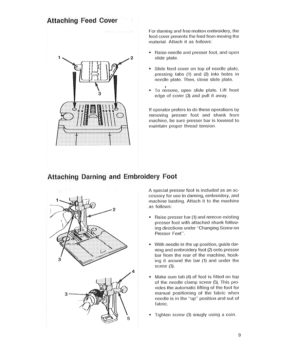 Attaching feed cover, Attaching darning and embroidery foot, Screw | SINGER 2210 Athena User Manual | Page 11 / 52