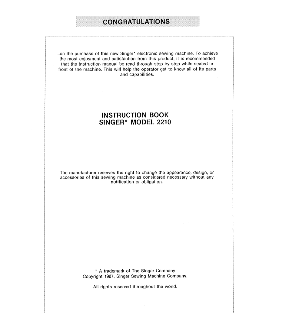 Congratulations, Instruction book singer* model 2210 | SINGER 2210 Athena User Manual | Page 2 / 52