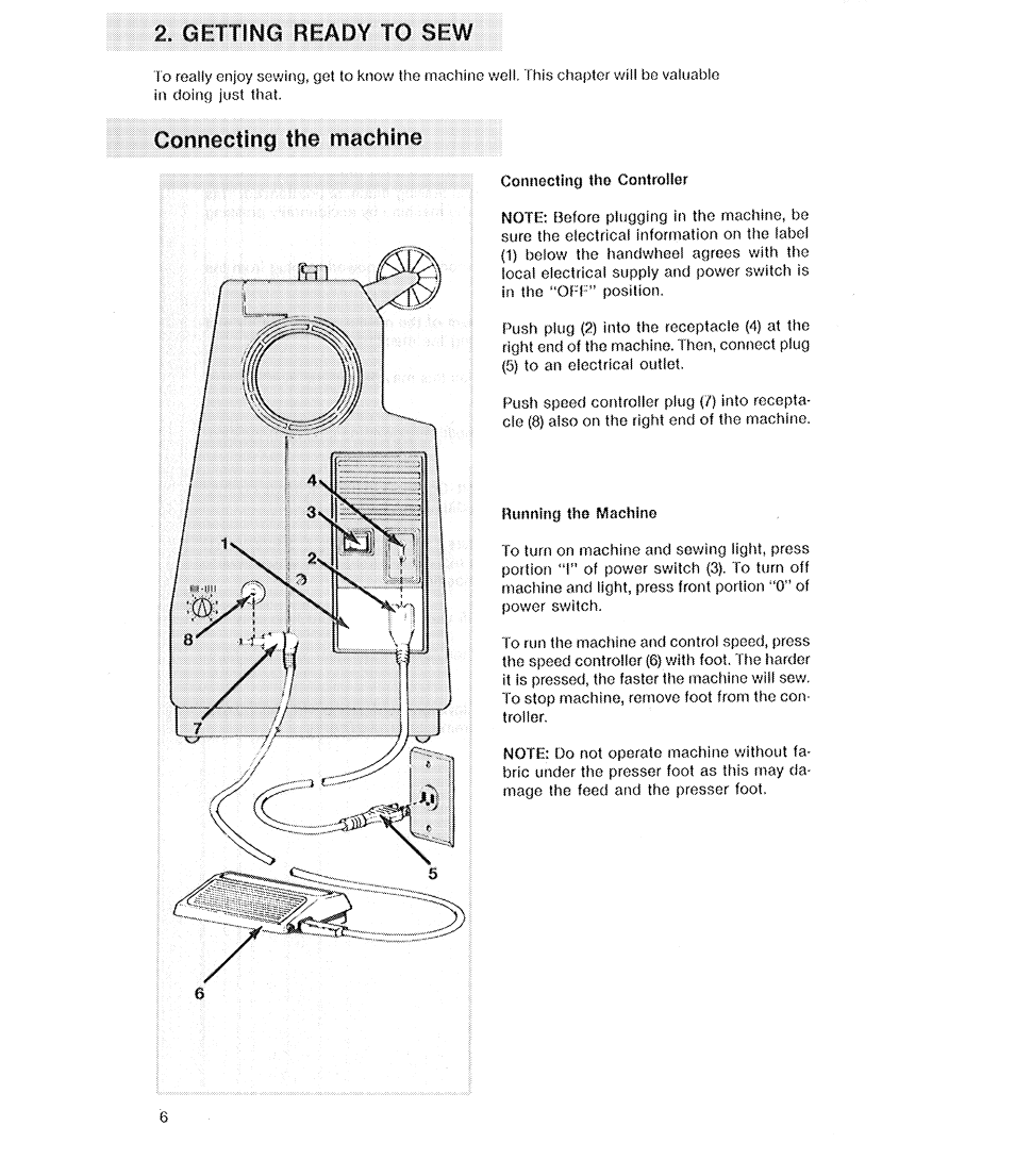 Connecting the machine, Connecting the controller, Getting ready to sew | SINGER 2210 Athena User Manual | Page 8 / 52