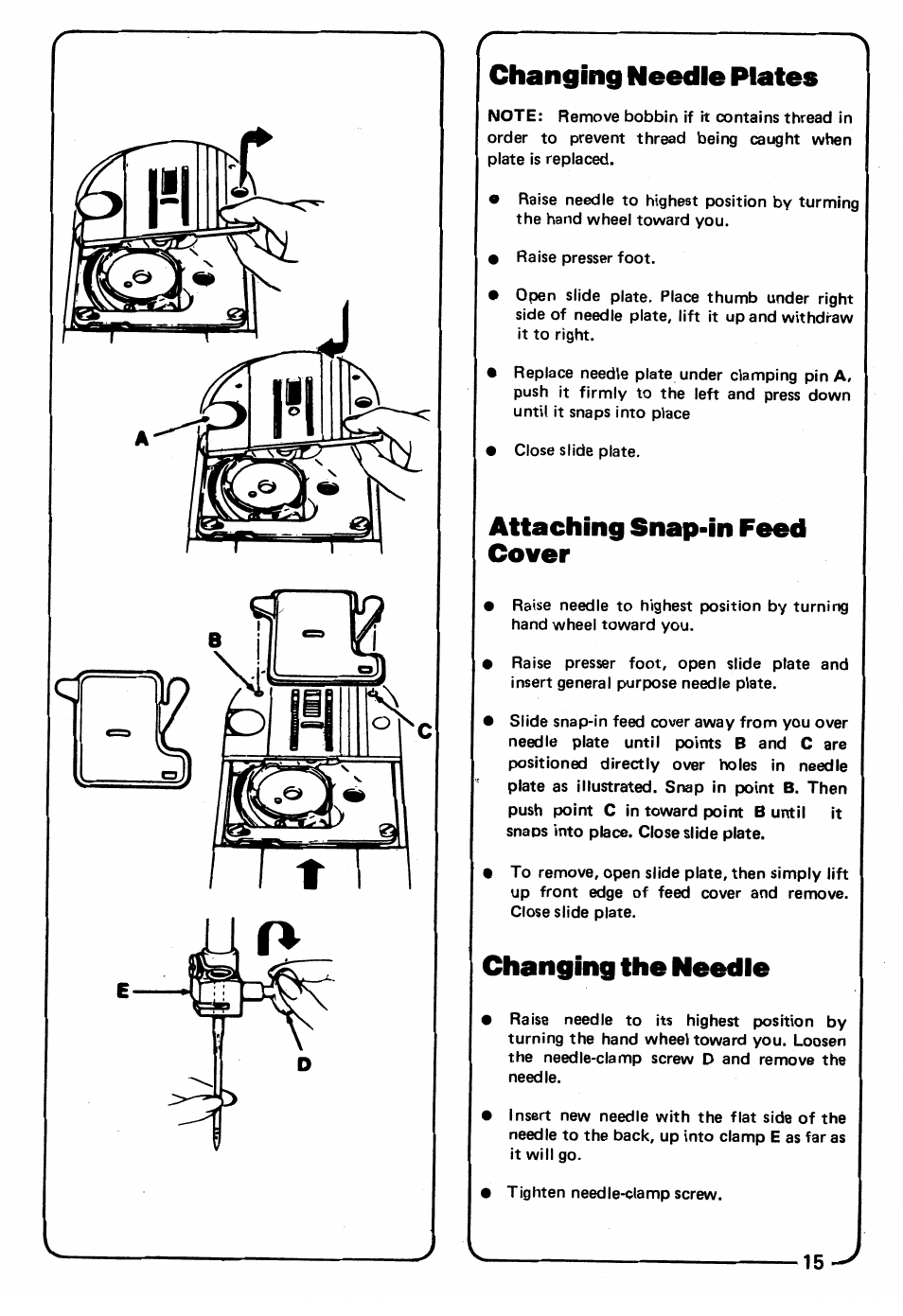 Changing needle plates, Attaching snap-in feed cover, Changing the needle | SINGER 3150 User Manual | Page 17 / 92