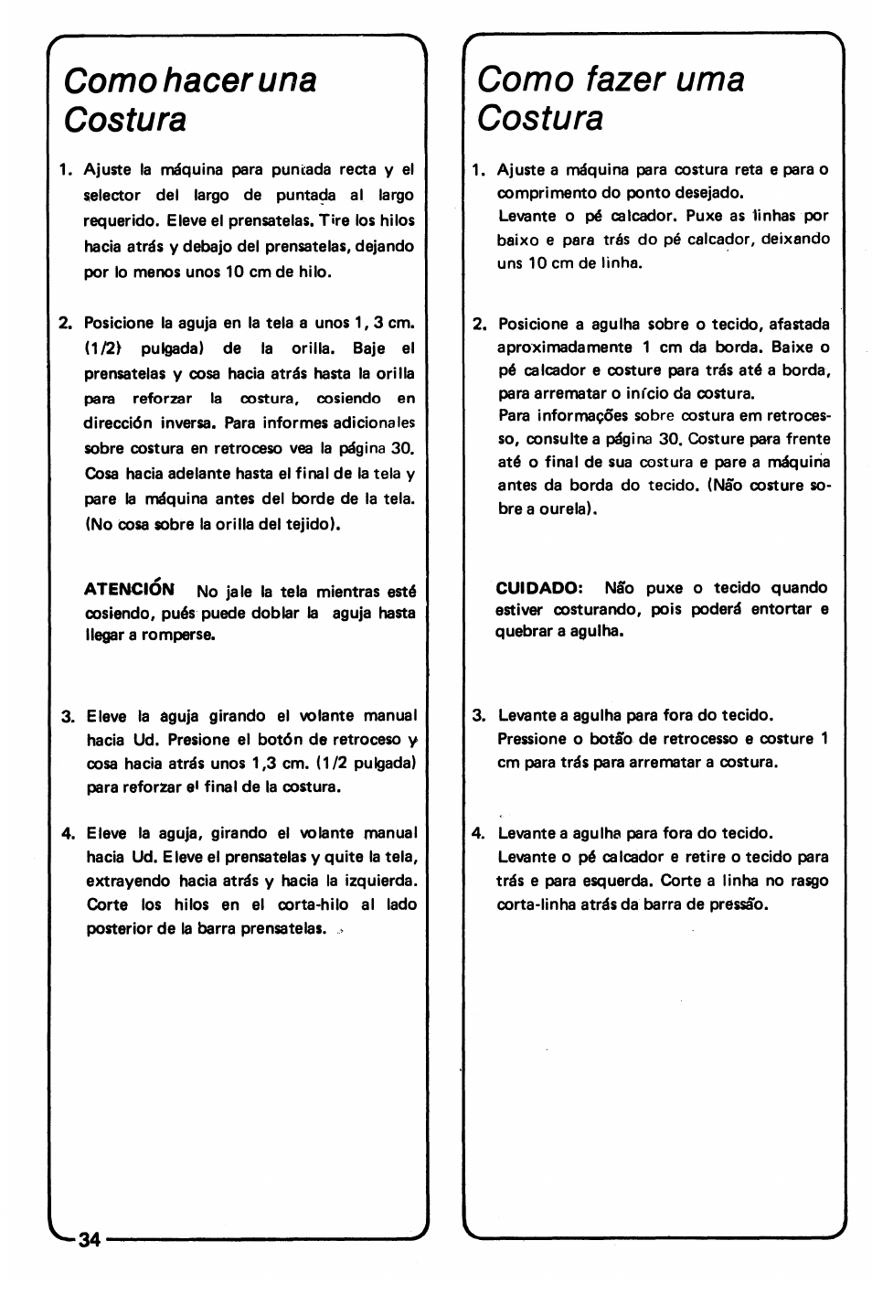 Сото hacer una costura, Como fazer urna costura | SINGER 3150 User Manual | Page 36 / 92