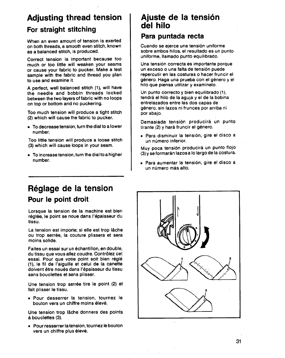 Adjusting thread tension, Ajuste de la tensión del hilo, Réglage de la tension | For straight stitching, Para puntada recta, Pour le point droit | SINGER 3314 User Manual | Page 33 / 68