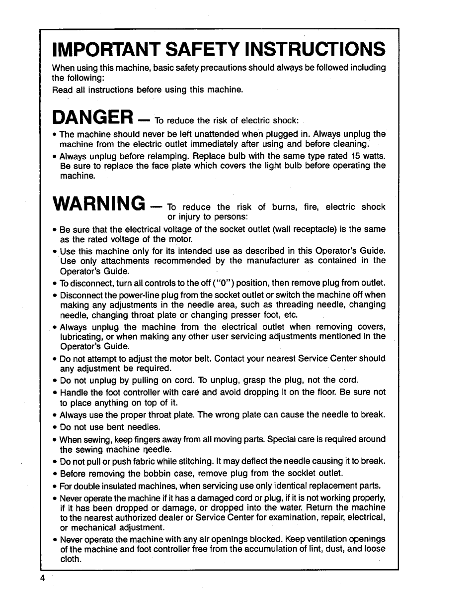 Impofttant safety instructions, Danger, Warning | SINGER 3314 User Manual | Page 6 / 68