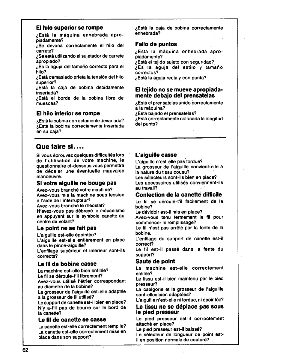 El hilo superior se rompe, El hilo inferior se rompe, Fallo de puntos | Si votre aiguille ne bouge pas, Le point ne se fait pas, Le fil de bobine casse, Le fil de canette se casse, L'aiguille casse, Confection de la canette difficile, Saute de point | SINGER 3314 User Manual | Page 64 / 68