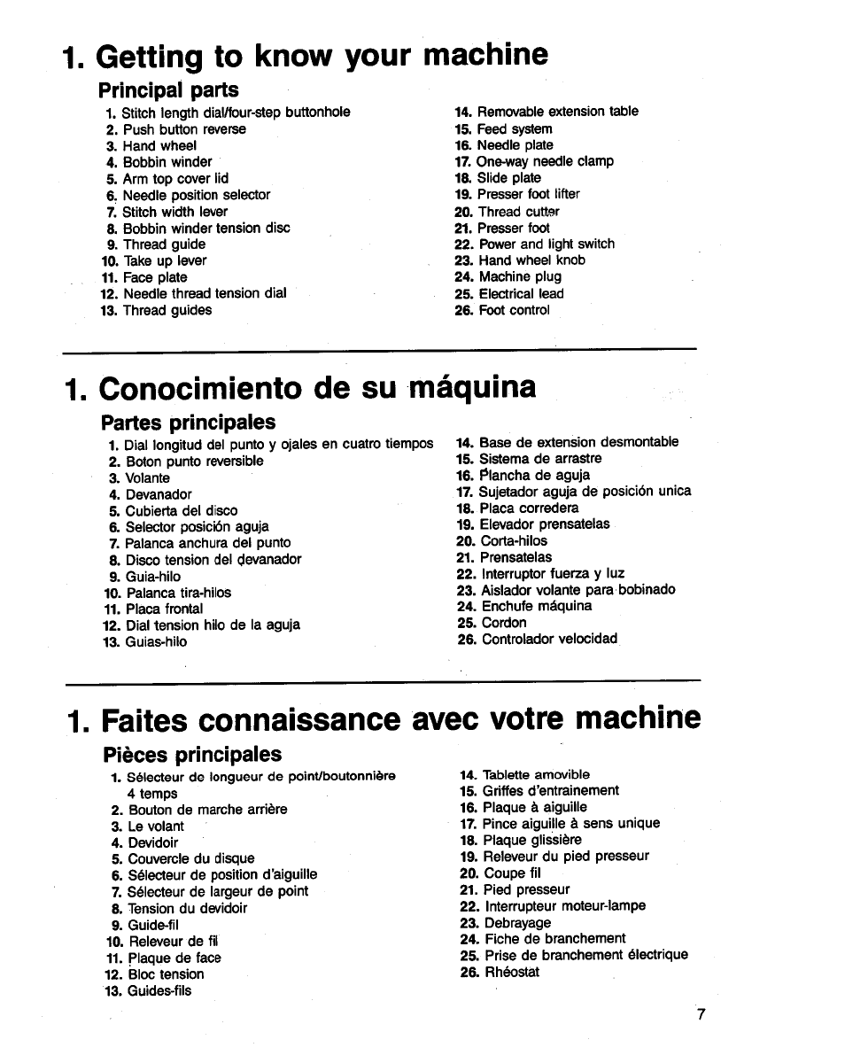 Getting to know your machine, Conocimiento de su máquina, Faites connaissance avec votre machine | Principal parts, Partes principales, Pièces principaies | SINGER 3314 User Manual | Page 9 / 68