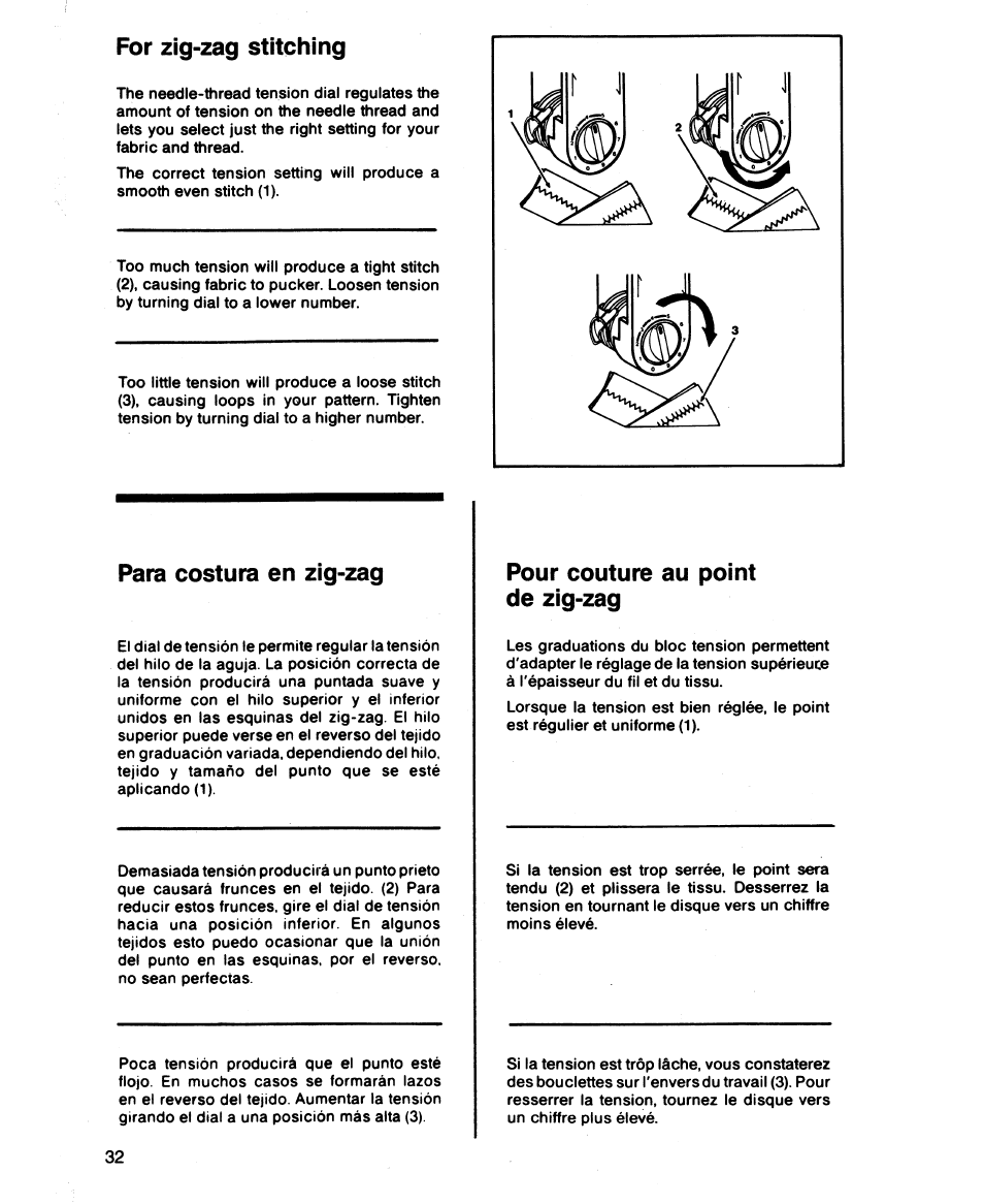 For zig-zag stitching, Para costura en zig-zag, Pour couture au point de zig-zag | SINGER 2543 User Manual | Page 36 / 72