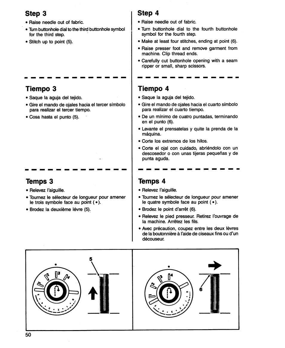 Tiempo 4, Temps 3, Temps 4 | Step 3, Step 4, Tiempo 3 | SINGER 2543 User Manual | Page 54 / 72