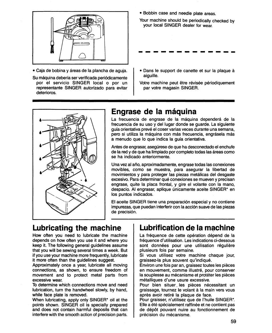 Engrase de la máquina, Lubricating the machine, Lubrification de la machine | SINGER 2543 User Manual | Page 63 / 72