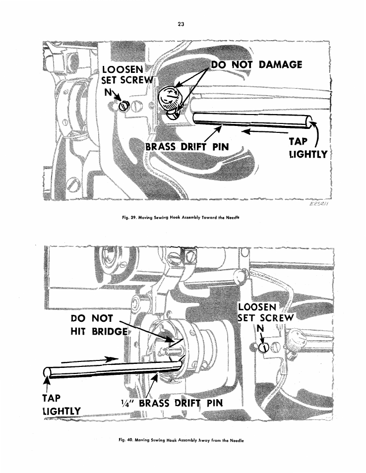 I i i, R damage set screw ^ brass drift pin tap, Fdo not hit bridge tap | Set screw '/4
