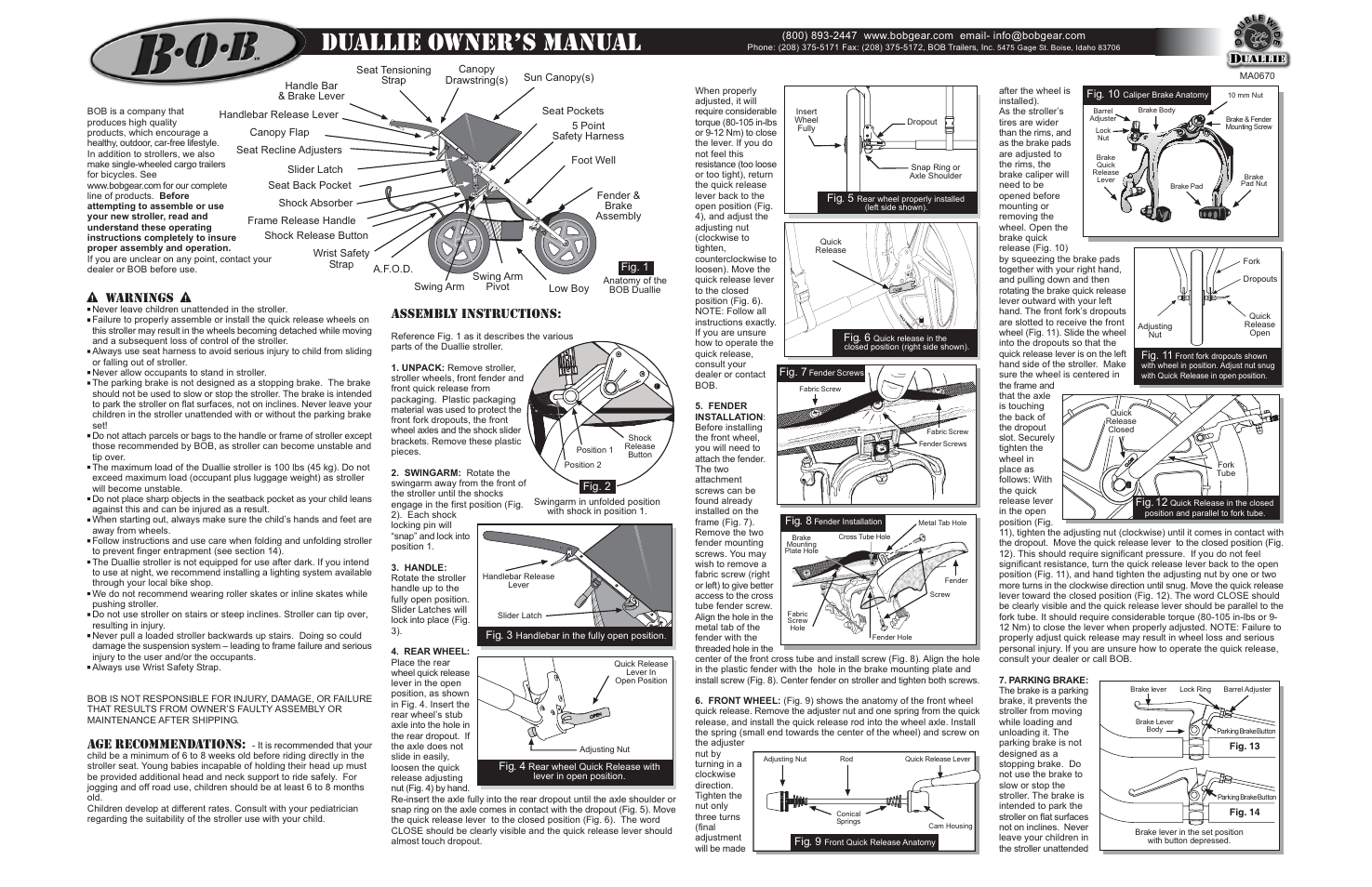Duallie owners manual, Warnings, Age recommendations | Assembly instructions | BOB Duallie MA0501A User Manual | Page 2 / 5