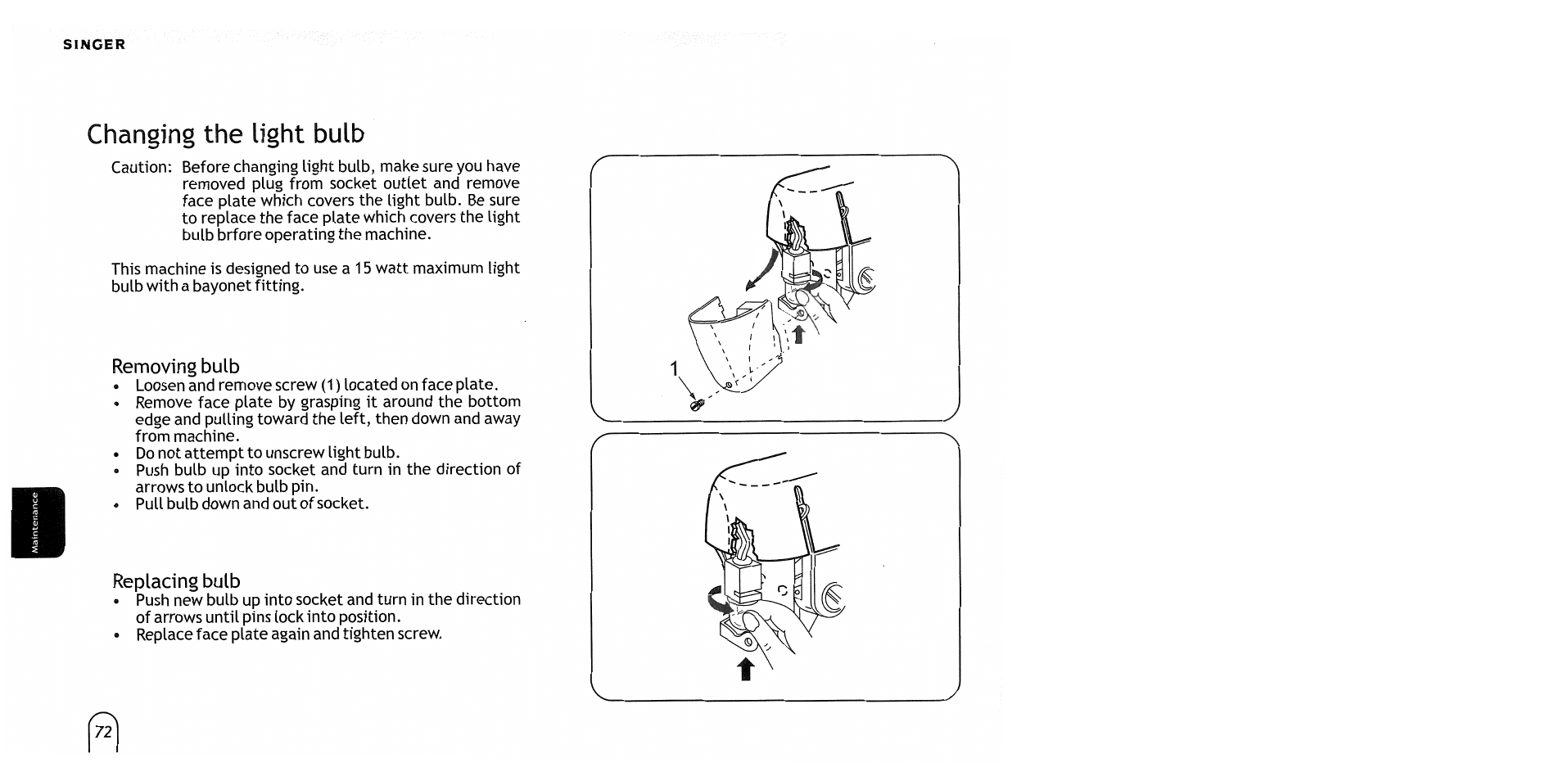 Changing the light bulb, Removing bulb, Replacing bulb | SINGER 2517 Merritt User Manual | Page 74 / 80