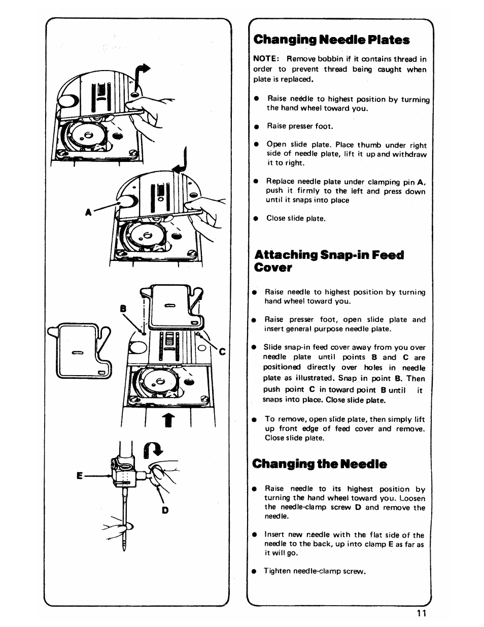Changing needle plates, Attaching snap-in feed cover, Changing the needle | SINGER 3103 User Manual | Page 13 / 71