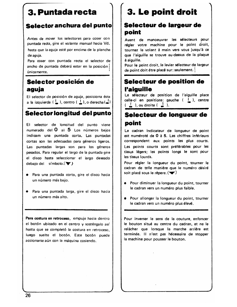 Selector anckura del punto, Selector posición de aguja, Selector longitud del punto | Sélecteur de largeur de point, Sélecteur de position de l’aiguille, Sélecteur de longueur de point, Puntada recta, Le point droit | SINGER 3103 User Manual | Page 28 / 71