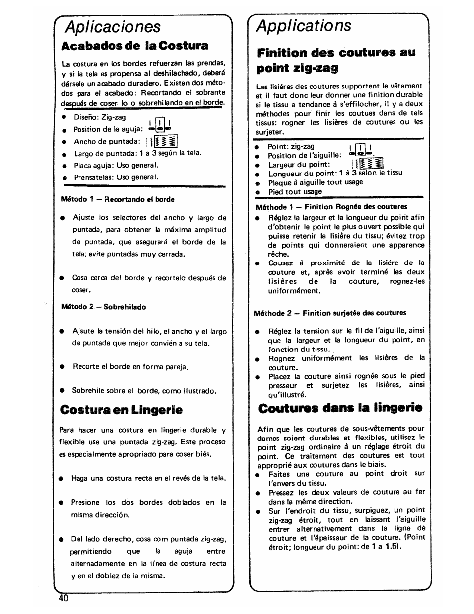 Aplicaciones, Acabados de la costura, Costura en lingerie | Applications, Finition des coutures au point zig-zag, Couturas dans la lingarie, Dkgués^de^o»m^o^^»brehmand | SINGER 3103 User Manual | Page 42 / 71