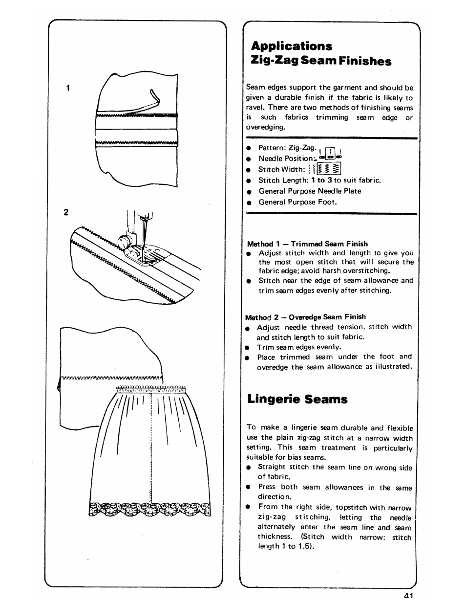 Applications zig-zag seam finishes, Lingerie seams | SINGER 3103 User Manual | Page 43 / 71