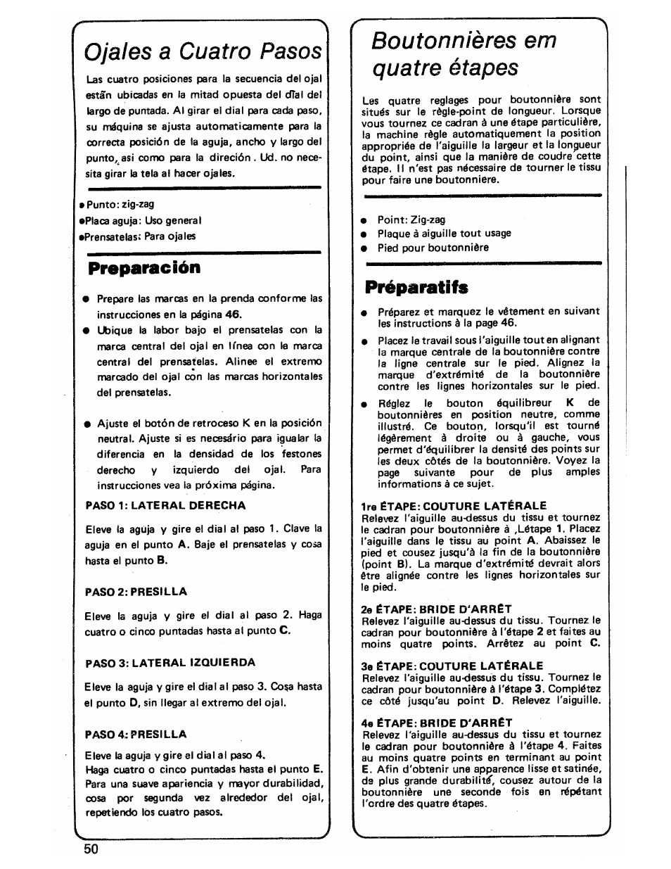 Ojales a cuatro pasos, Preparación, Boutonnières em quatre étapes | Préparatifs | SINGER 3103 User Manual | Page 52 / 71