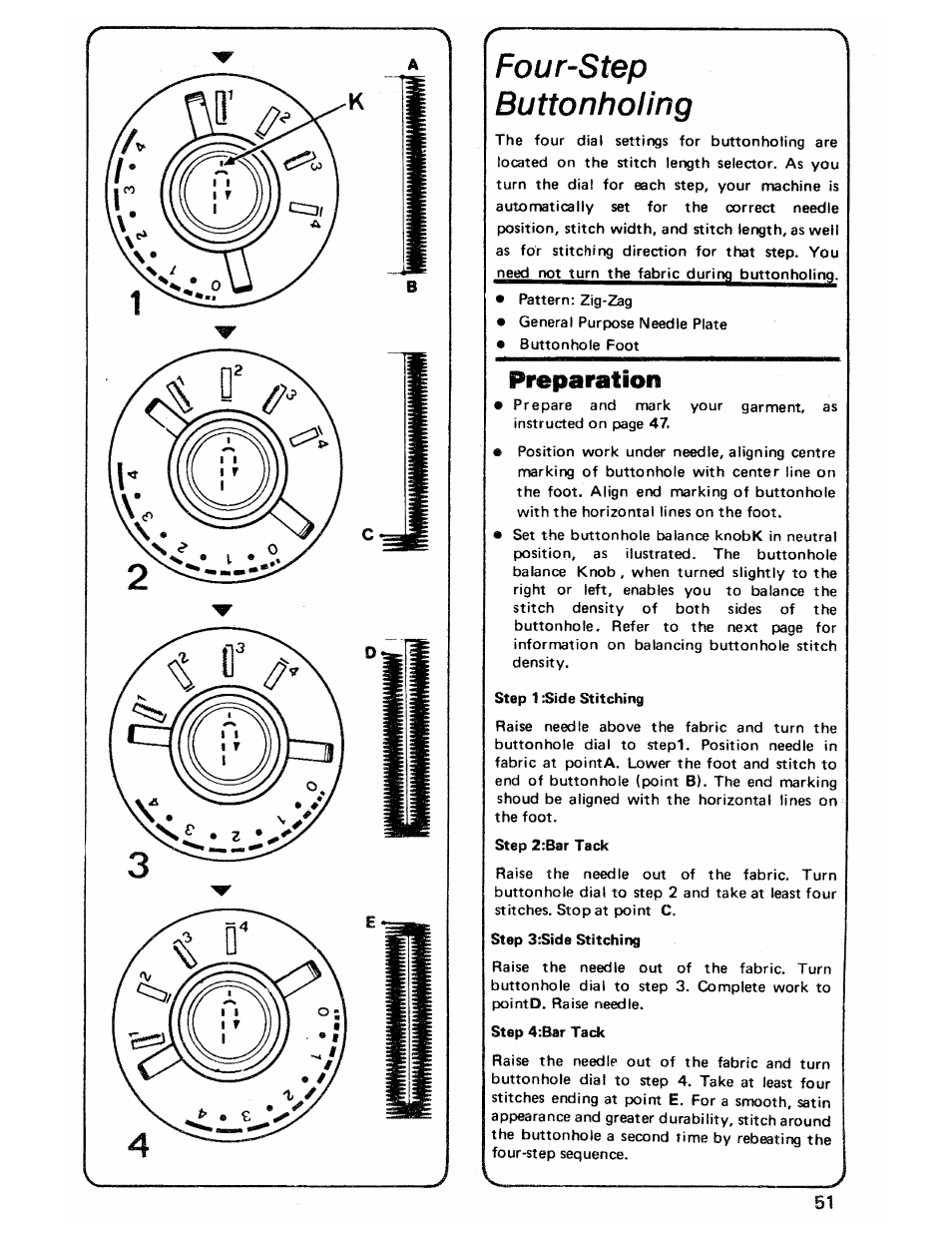 Preparation, Four-step buttonholing, I, ml | SINGER 3103 User Manual | Page 53 / 71