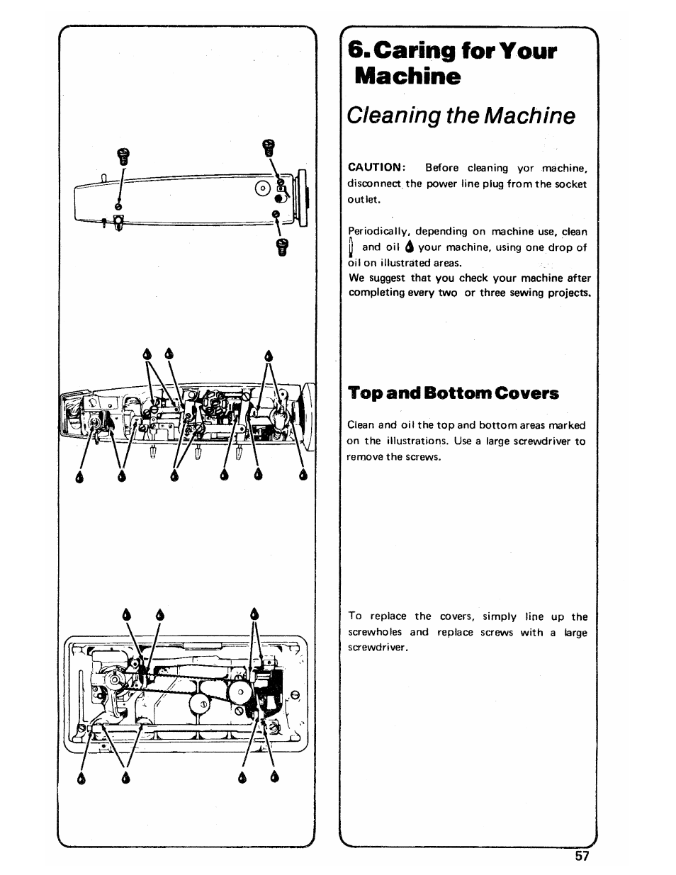 Caring for your machine, Cleaning the machine, Top and bottom covers | SINGER 3103 User Manual | Page 59 / 71