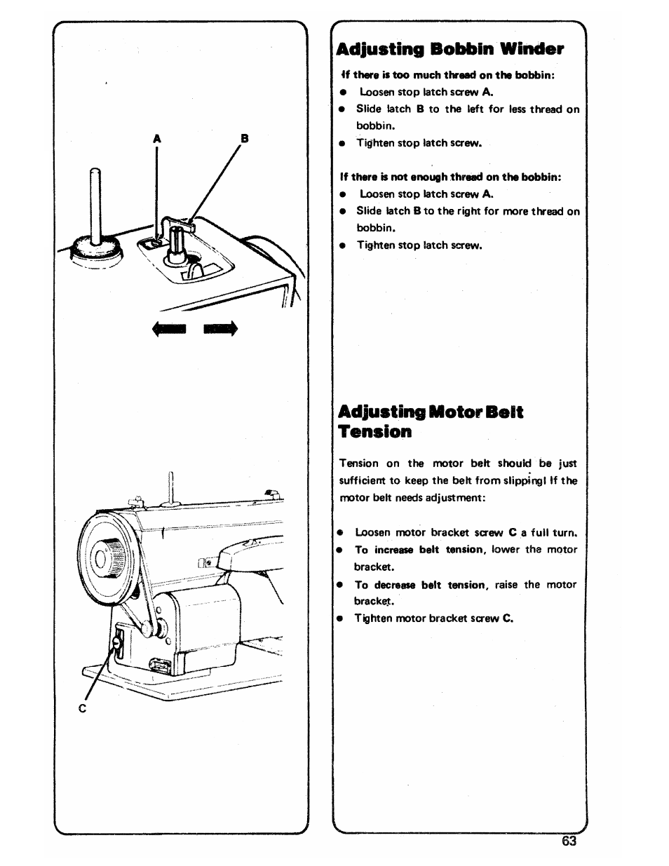 Adjusting bobbin winder, Adjusting motor belt tension | SINGER 3103 User Manual | Page 65 / 71