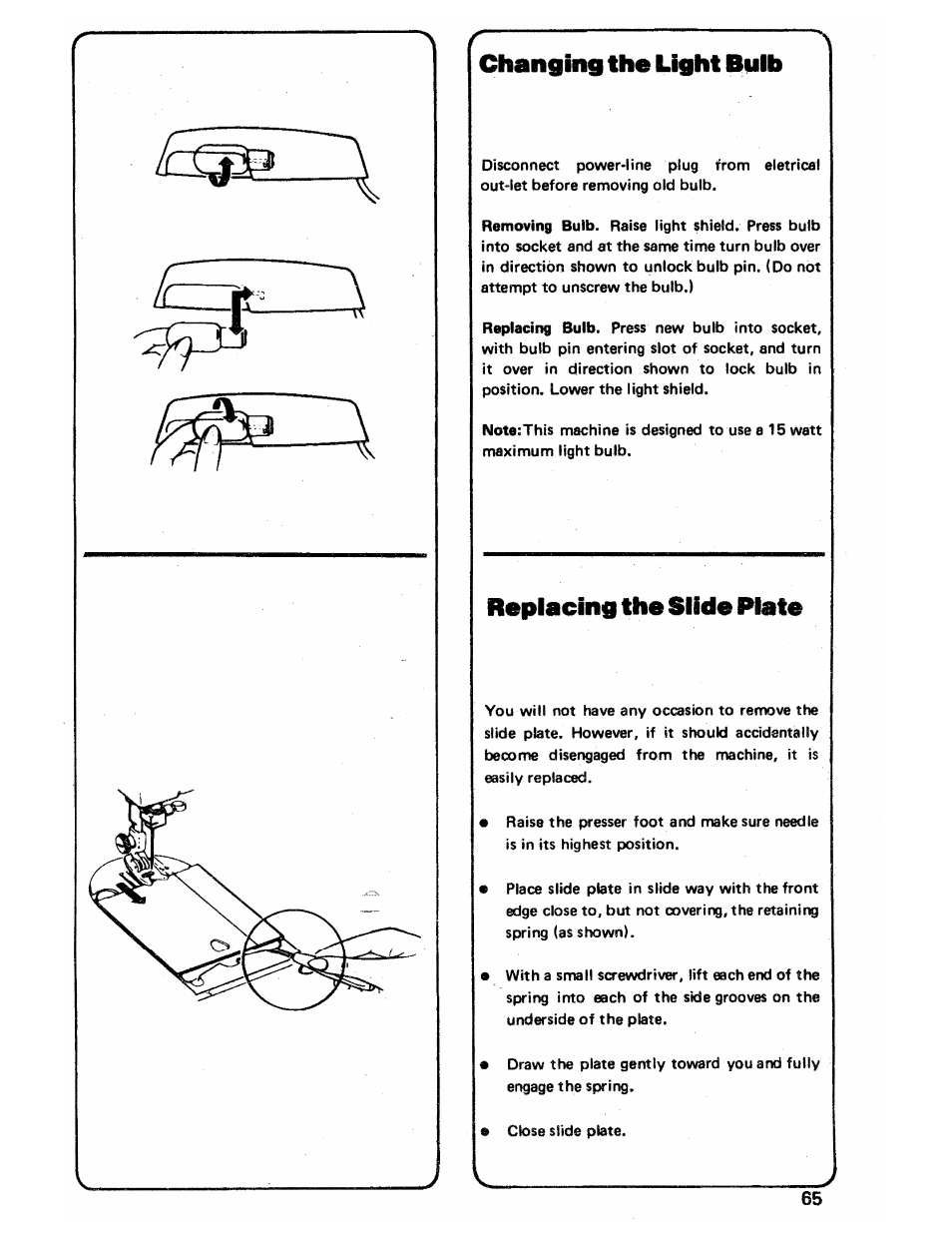 Changing the light bulb, Raplacing the slide plate | SINGER 3103 User Manual | Page 67 / 71