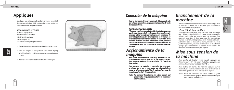 Branchement de la machine, Mise sous tension de la machine, Appliques | Conexión de la máquina, Accionamiento de la máquina | SINGER 2866 User Manual | Page 19 / 48