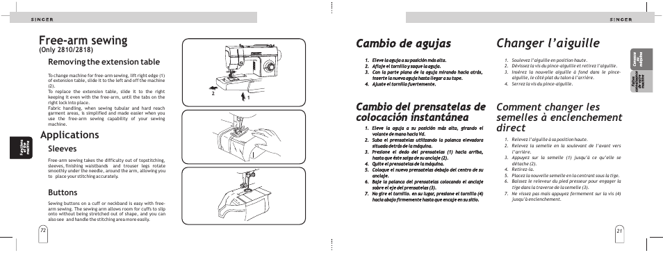 Changer l’aiguille, Free-arm sewing, Cambio de agujas | Applications, Removing the extension table, Sleeves, Buttons | SINGER 2866 User Manual | Page 23 / 48