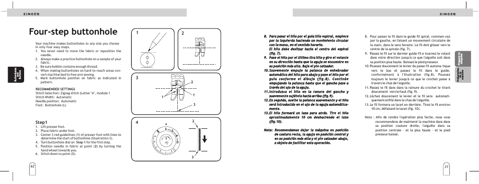 Four-step buttonhole, Step1 | SINGER 2866 User Manual | Page 33 / 48