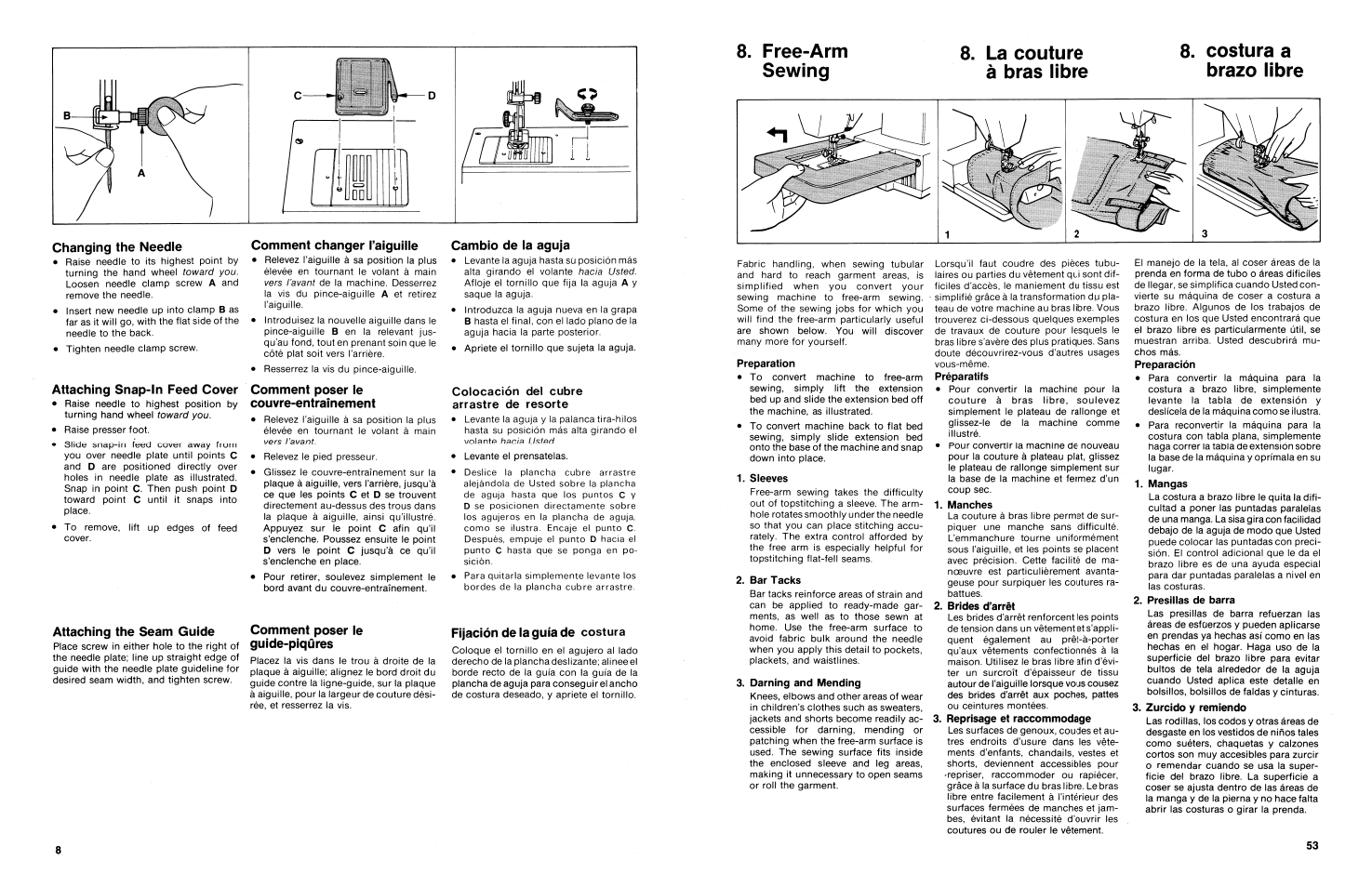 Changing the needle, Attaching snap-in feed cover, Comment changer i’aiguille | Comment poser le couvre-entraînement, Cambio de la aguja, Colocación del cubre arrastre de resorte, Attaching the seam guide, Comment poser ie guide-piqûres, Fijación de la guía de costura | SINGER 3014 User Manual | Page 10 / 64