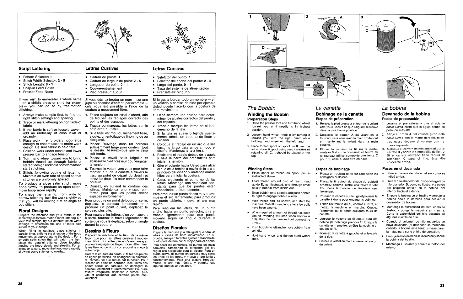 The bobbin, Winding the bobbin, Preparation steps | Winding steps, La canette, Bobinage de la canette, Étapes de préparation, Etapes de bobinage, La bobina, Devanado de la bobina | SINGER 3014 User Manual | Page 25 / 64