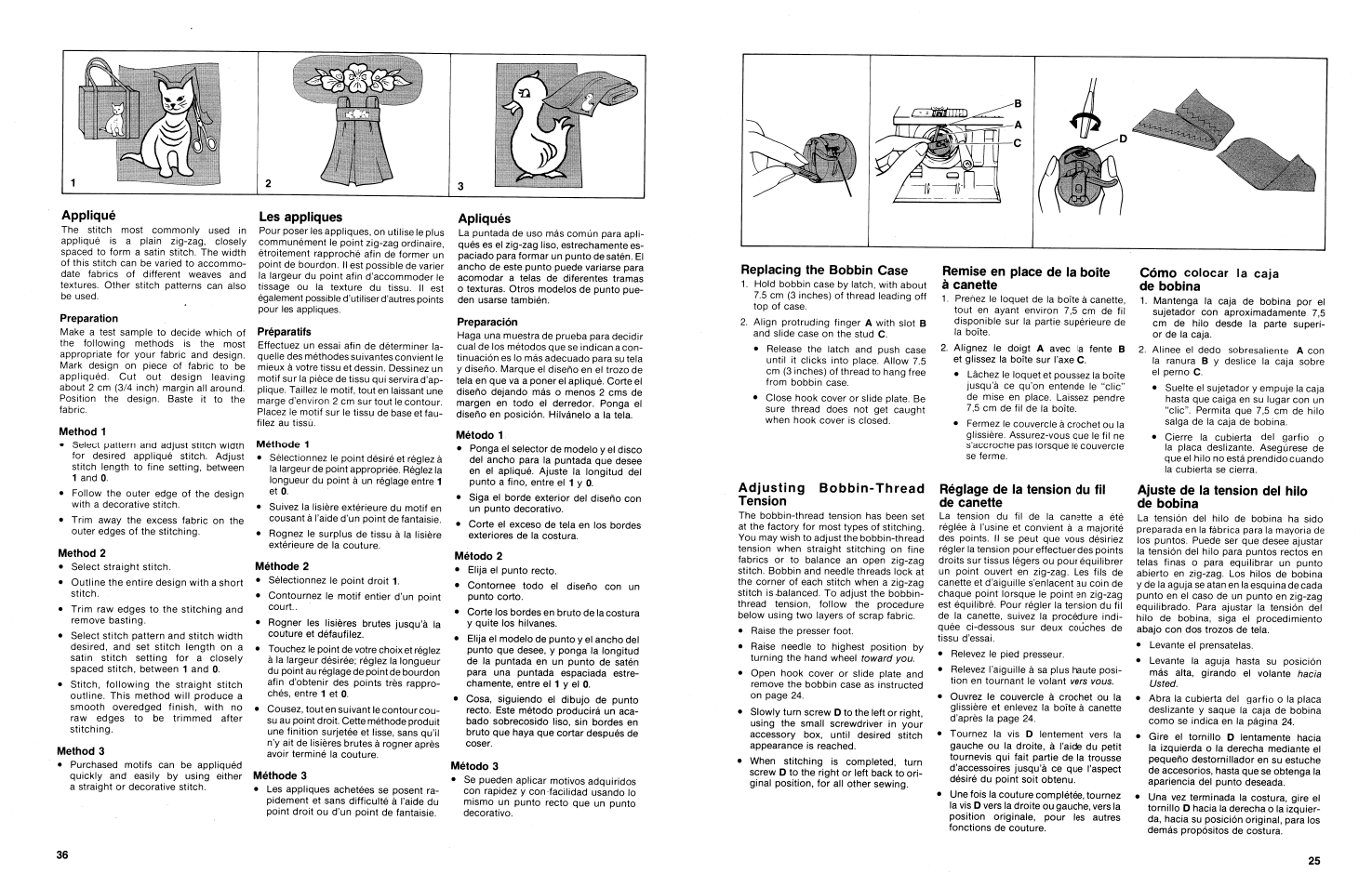Replacing the bobbin case, Adjusting bobbin-thread tension, Remise en place de la boîte à canette | Réglage de la tension du fil de canette, Cómo colocar la caja de bobina, Ajuste de la tensión del hilo de bobina | SINGER 3014 User Manual | Page 27 / 64