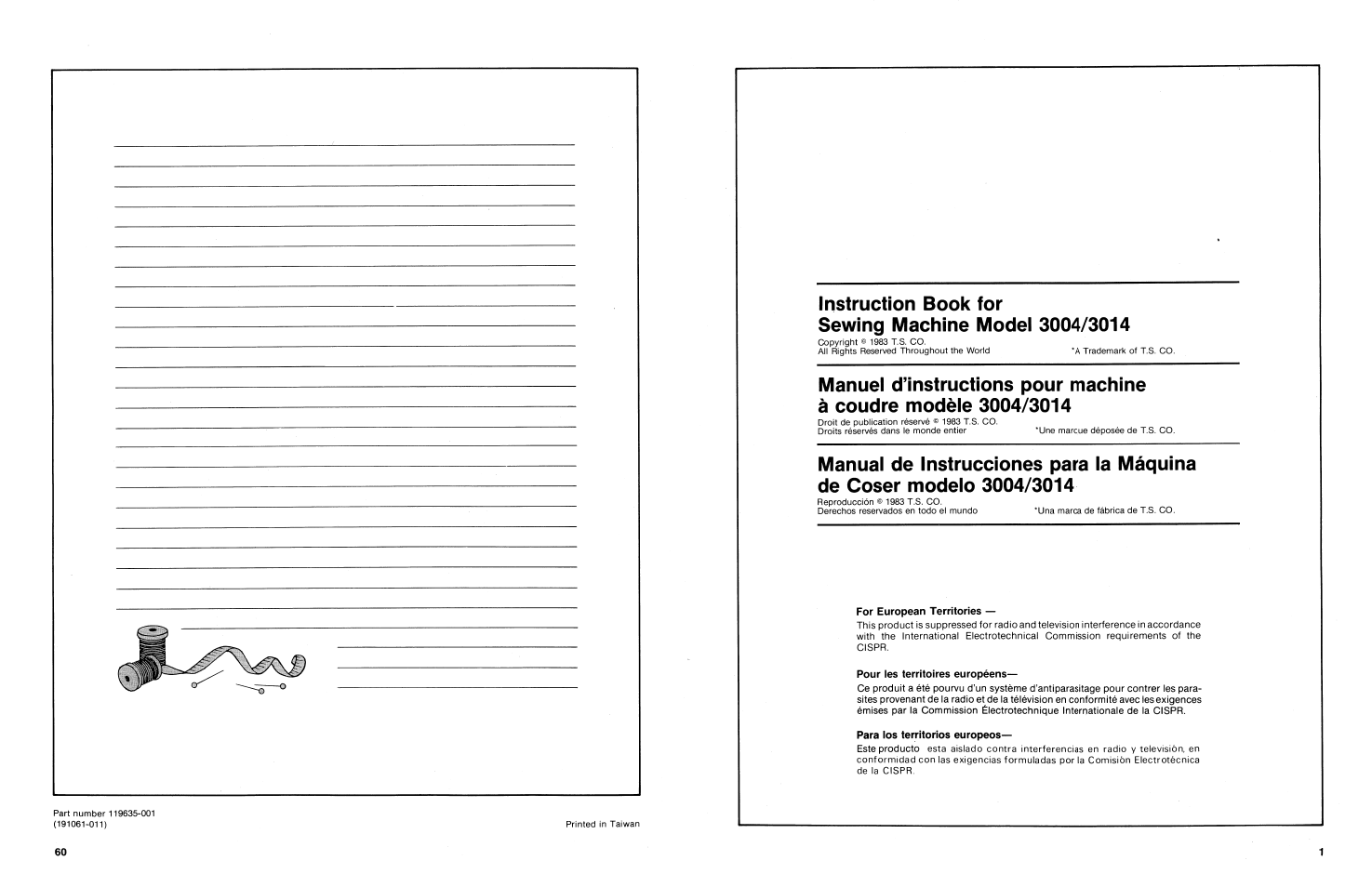 Instruction book for, Sewing machine modei 3004/3014, For european territories | Pour íes territoires européens, Para los territorios europeos | SINGER 3014 User Manual | Page 3 / 64