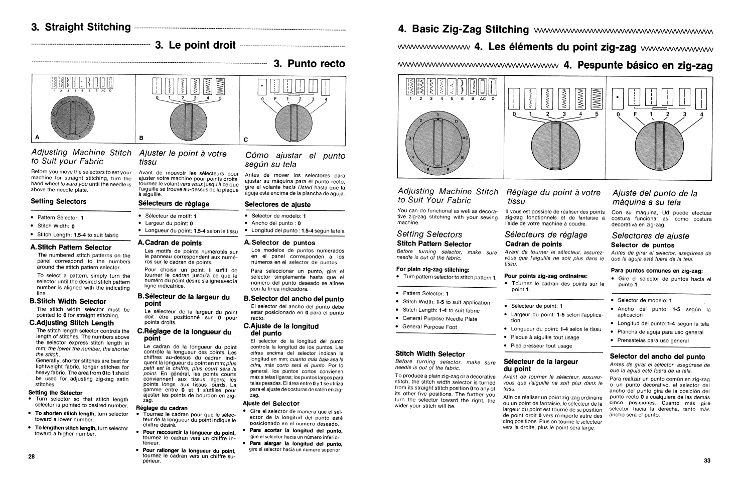 Straight stitching, Le point droit, Punto recto | Adjusting machine stitch to suit your fabric, Setting selectors, A. stitch pattern selector, C. adjusting stitch length, Setting the selector, Ajuster le point à votre tissu, Sélecteurs de réglage | SINGER 3014 User Manual | Page 30 / 64