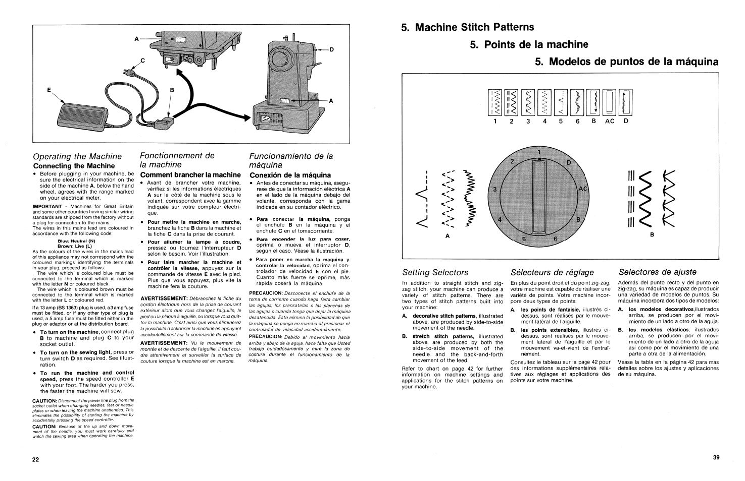 Machine stitch patterns, Points de ia machine, Modeios de puntos de ia máquina | Setting selectors, Sélecteurs de réglage, Selectores de ajuste, Les points de la machine | SINGER 3014 User Manual | Page 41 / 64
