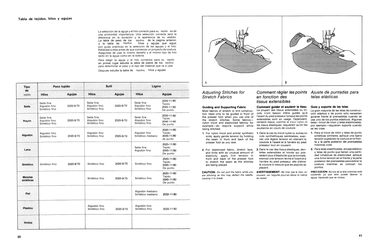 Adjusting stitches for stretch fabrics, Ajuste de puntadas para telas elásticas, Comment régler les points | En fonction des tissus extensibles | SINGER 3014 User Manual | Page 43 / 64