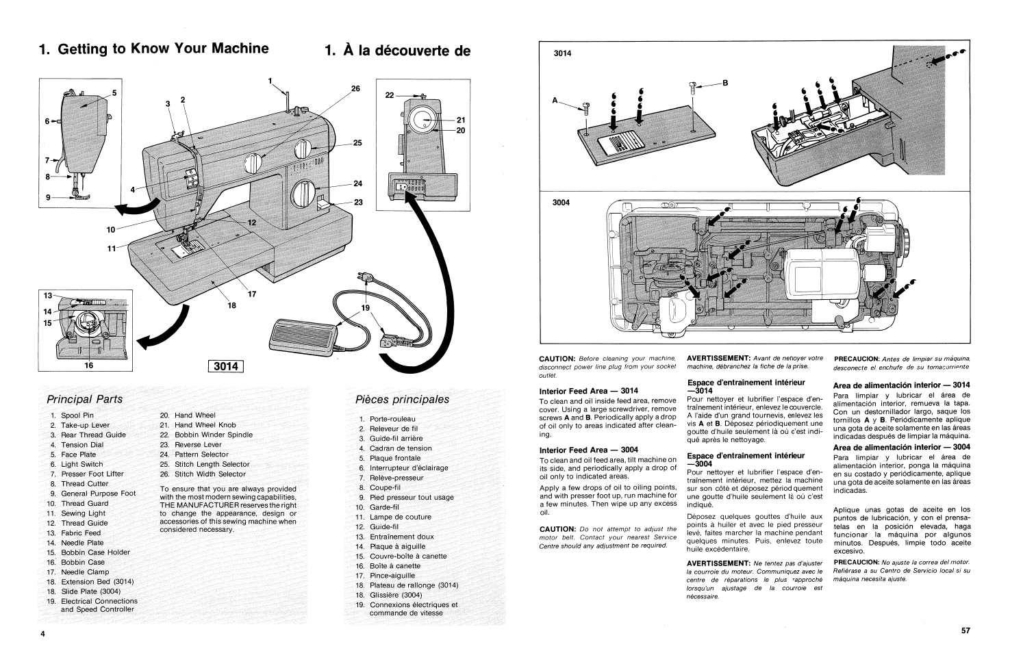 Getting to know your machine, Pièces principales, Partes principales | Getting to know your machine 1. à la découverte de, Principal parts | SINGER 3014 User Manual | Page 6 / 64
