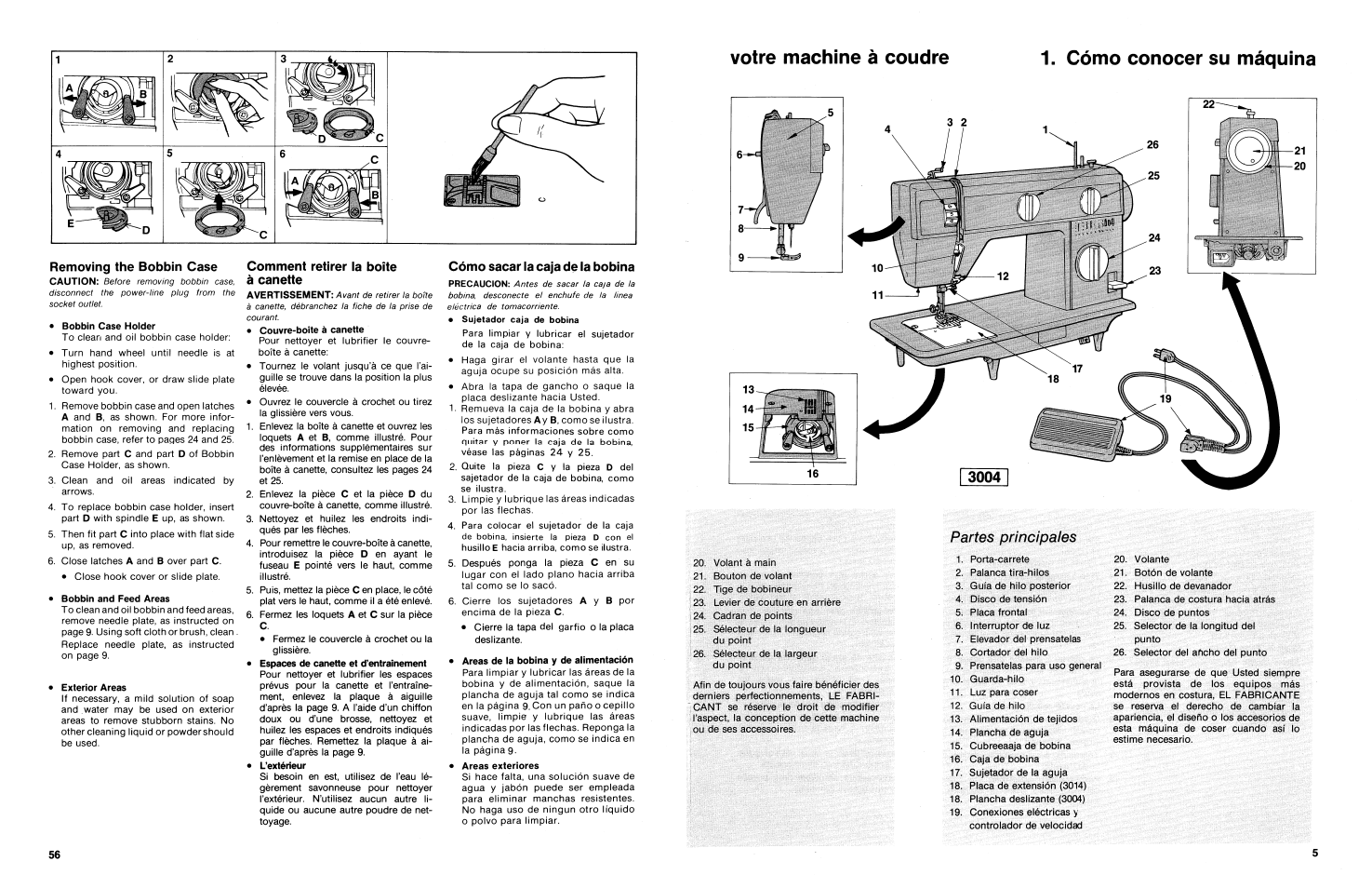 Cómo conocer su máquina, Partes principales, Votre machine à coudre 1. cómo conocer su máquina | SINGER 3014 User Manual | Page 7 / 64