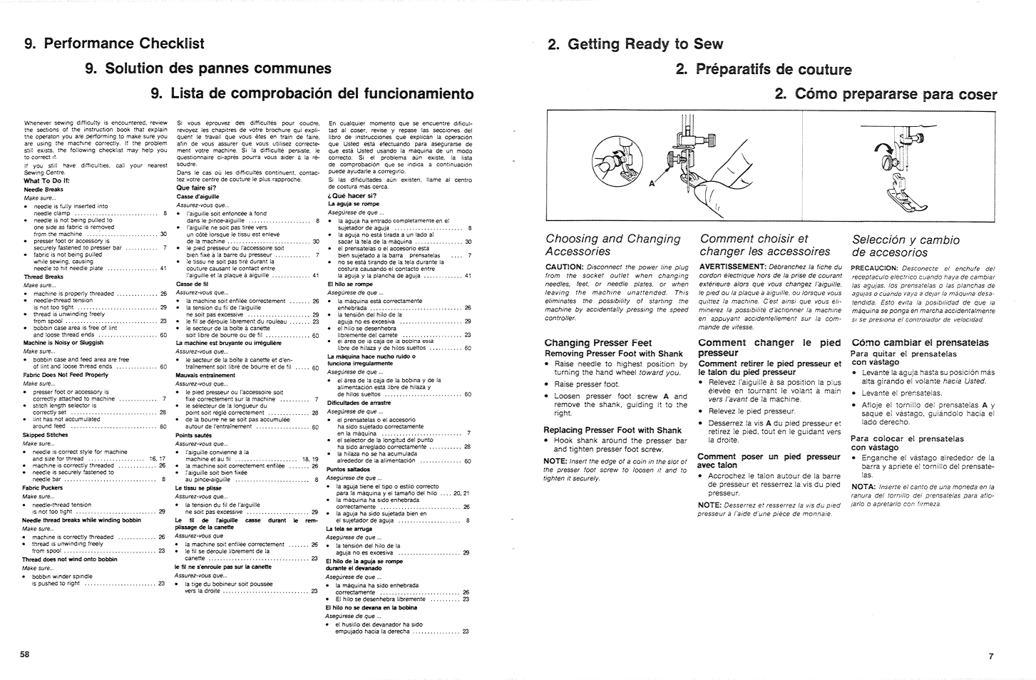 Choosing and changing accessories, Changing presser feet, Replacing presser foot with shank | Comment choisir et changer les accessoires, Selección у cambio de accesorios, Comment poser avec talon, Getting ready to sew 2. préparatifs de couture, Cómo prepararse para coser | SINGER 3015 User Manual | Page 9 / 68