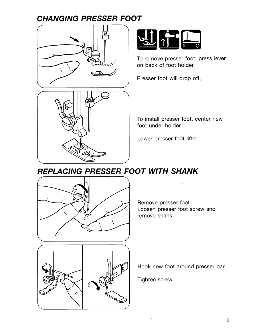 Changing presser foot, Replacing presser foot with shank | SINGER 30518 User Manual | Page 11 / 36
