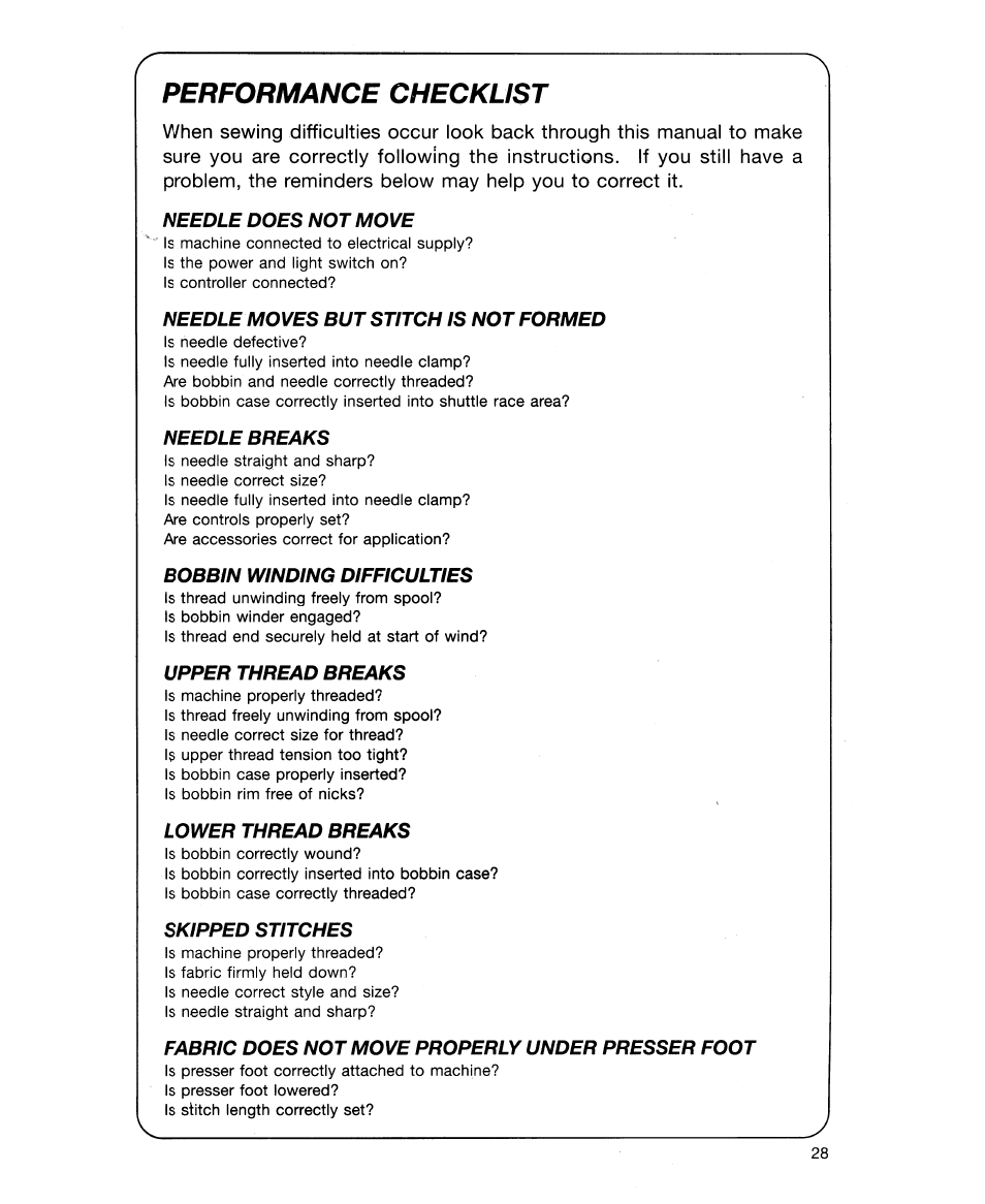 Performance checklist | SINGER 30518 User Manual | Page 33 / 36