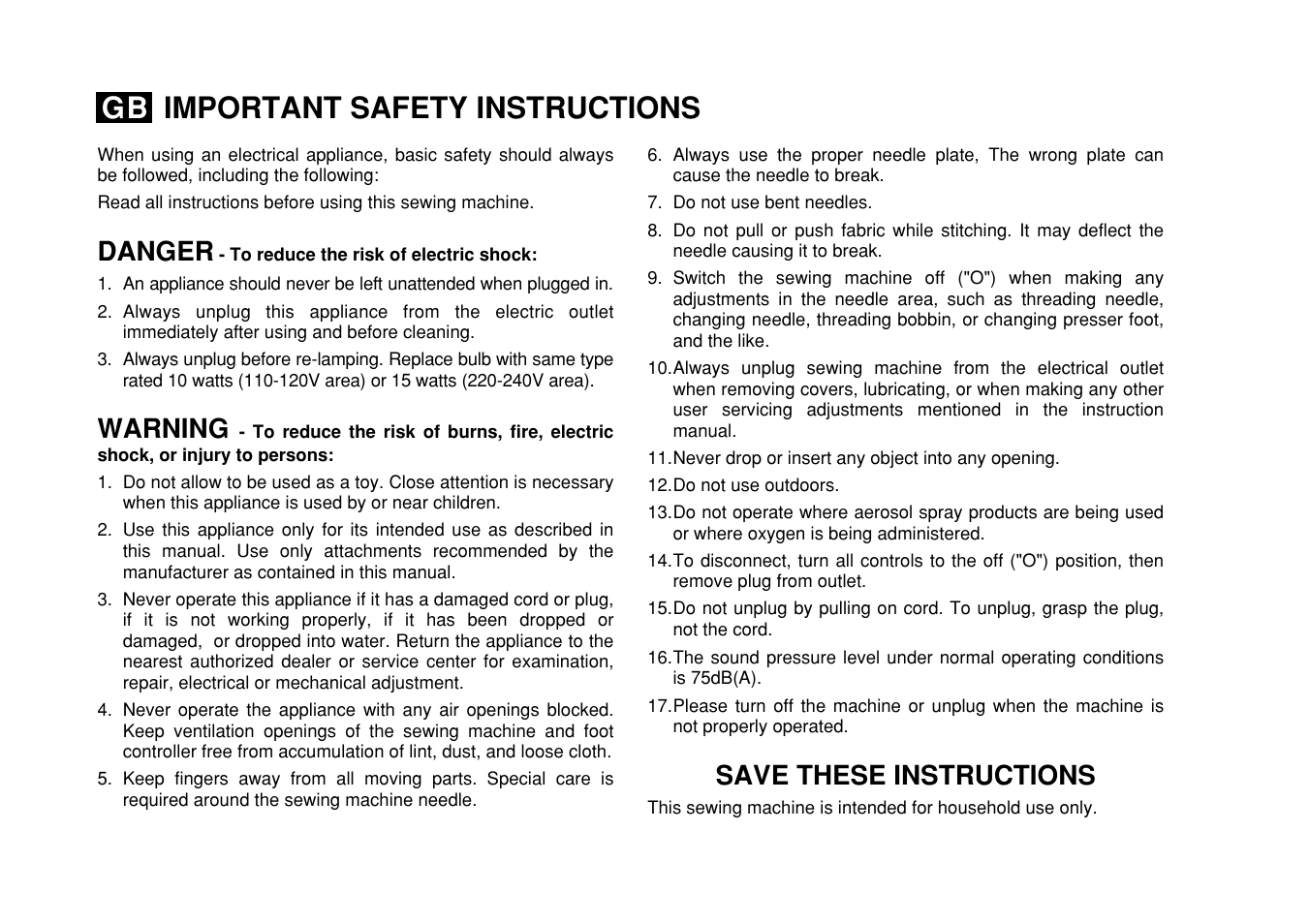 Important safety instructions gb, Danger save these instructions, Warning | SINGER Simple 3116 User Manual | Page 2 / 94