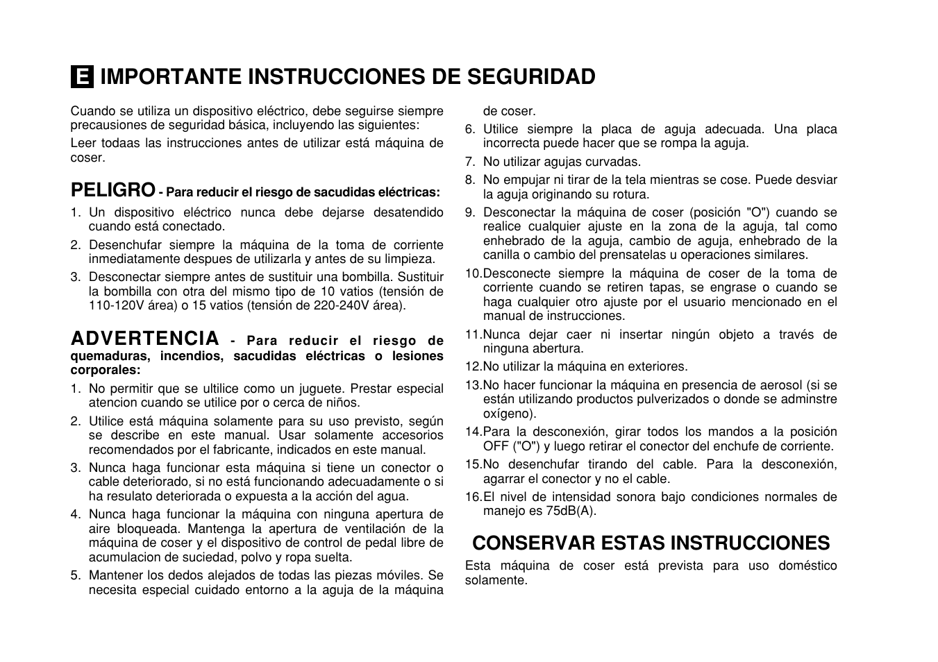 Importante instrucciones de seguridad, Peligro advertencia conservar estas instrucciones | SINGER Simple 3116 User Manual | Page 3 / 94