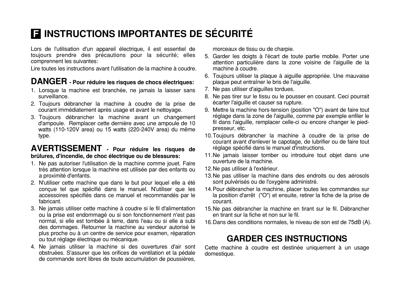 Instructions importantes de sécurité, Danger avertissement garder ces instructions | SINGER Simple 3116 User Manual | Page 4 / 94