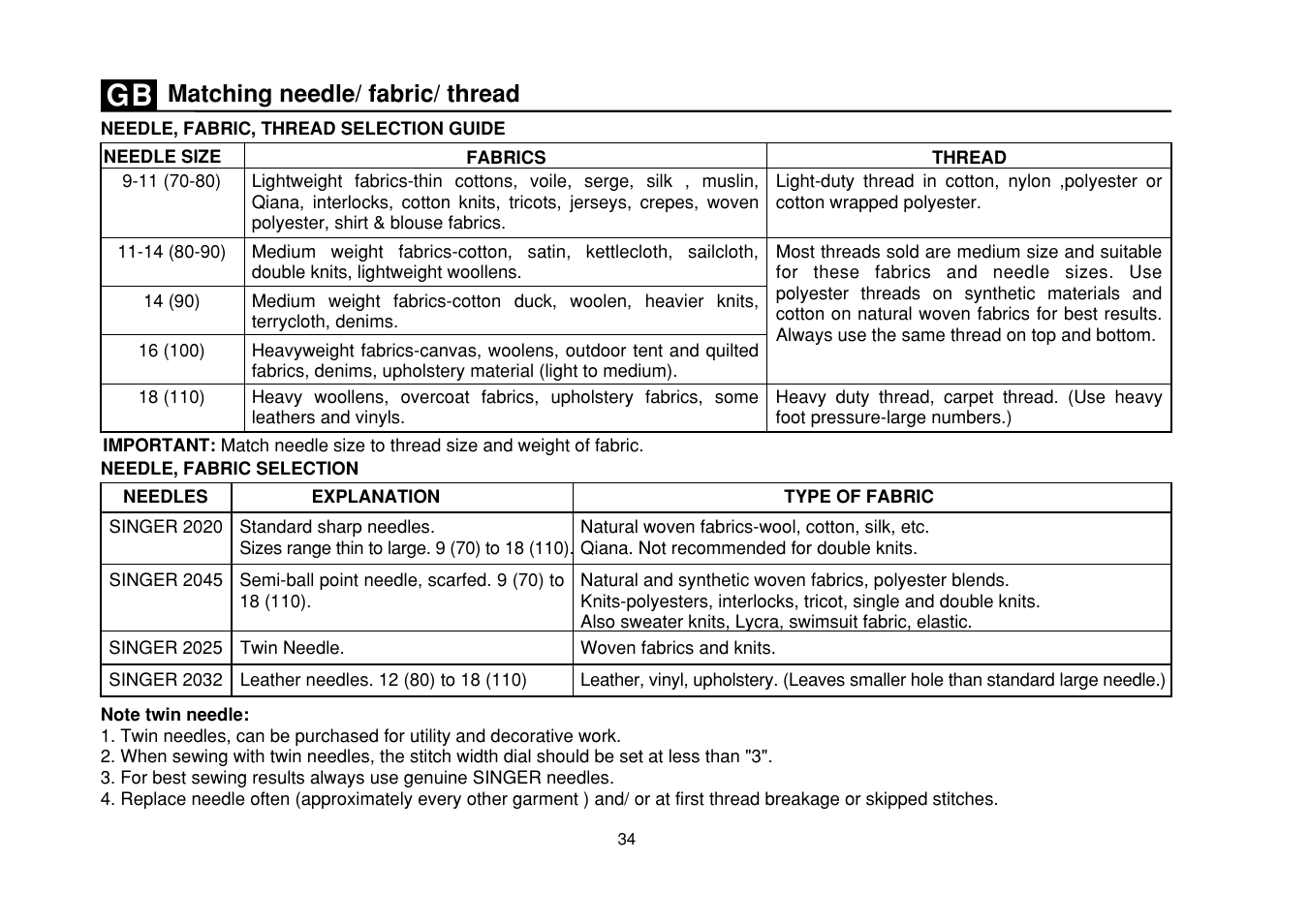 Matching needle/ fabric/ thread | SINGER Simple 3116 User Manual | Page 41 / 94