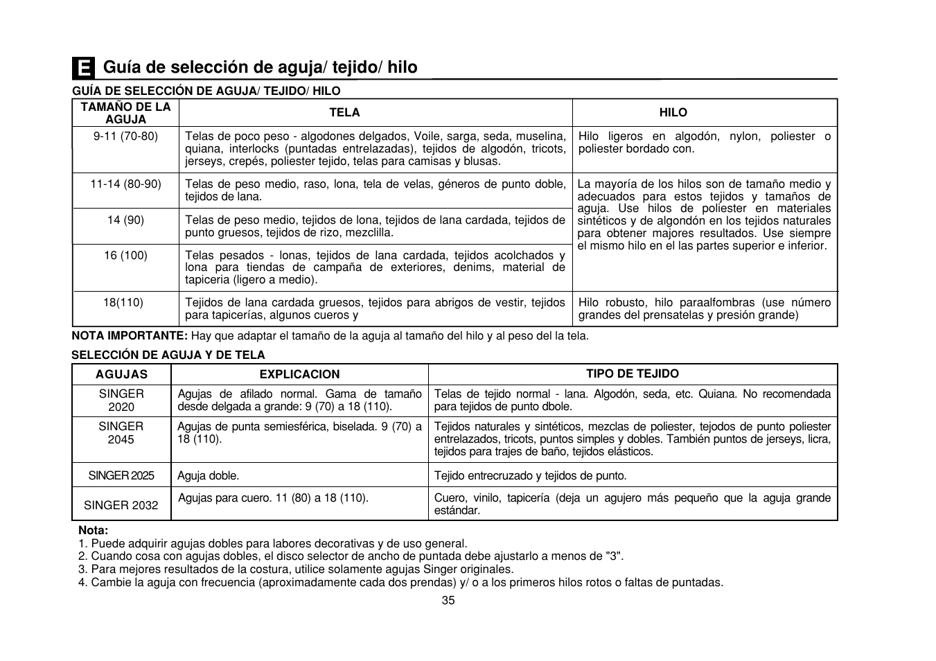 Guía de selección de aguja/ tejido/ hilo | SINGER Simple 3116 User Manual | Page 42 / 94