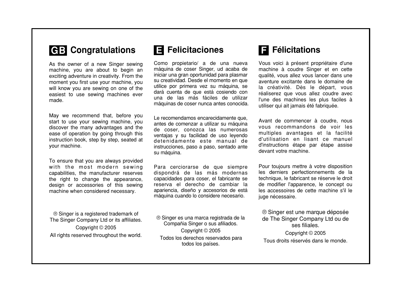 Felicitaciones, Félicitations | SINGER Simple 3116 User Manual | Page 5 / 94