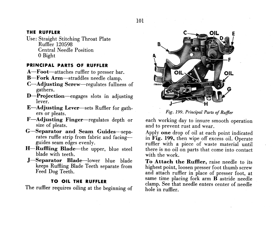 The rüffler, Principal parts of ruffler, To oil the ruffler | SINGER 319K User Manual | Page 103 / 116