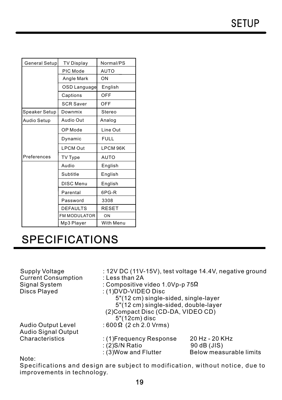 Specifications, Setup | Blackmore Mobile BDP-330 User Manual | Page 19 / 20