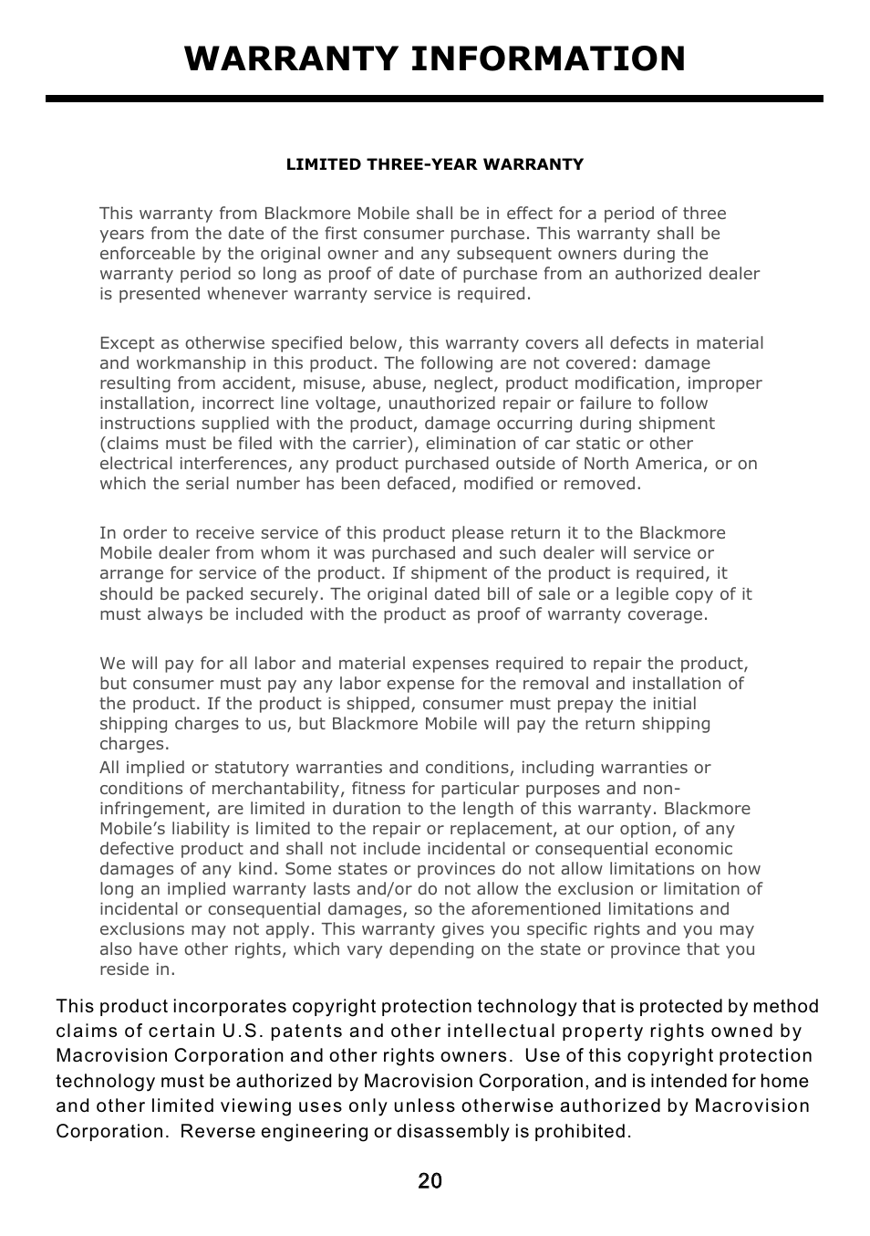 Warranty information | Blackmore Mobile BDP-330 User Manual | Page 20 / 20