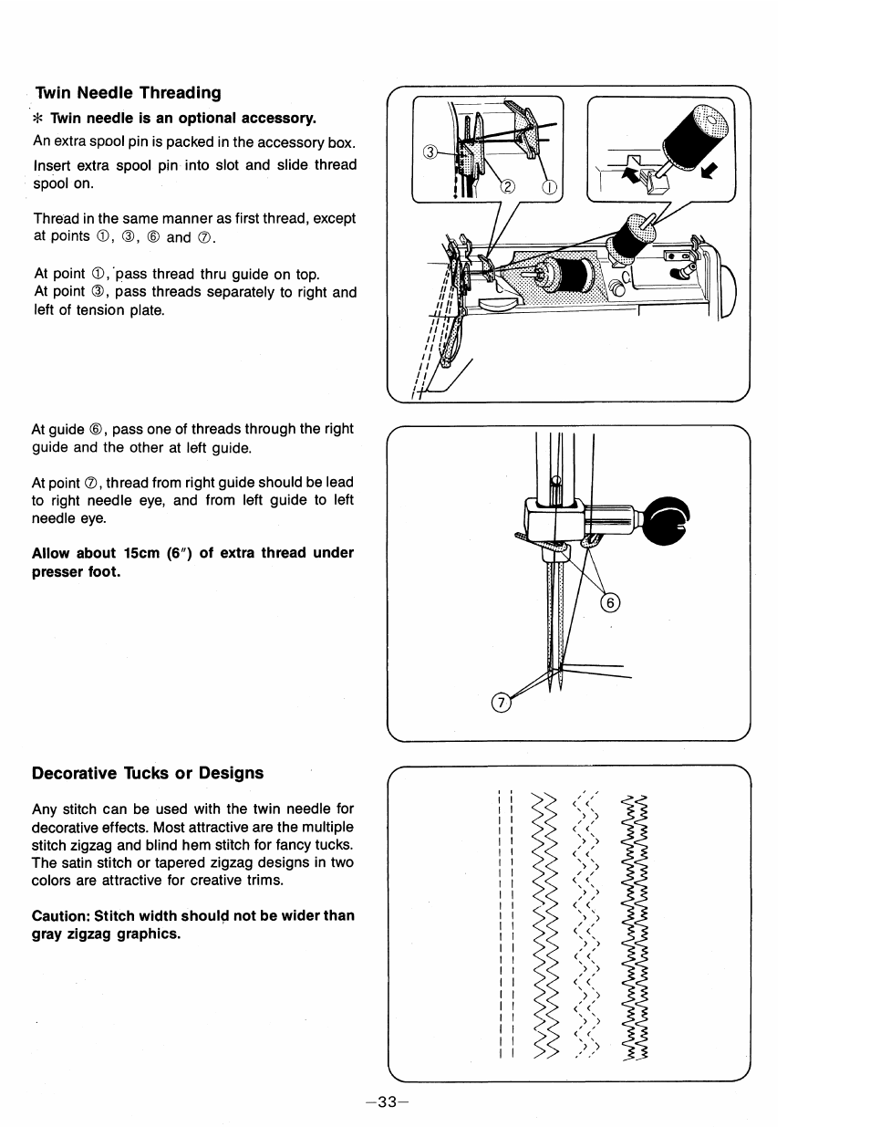 Twin needle threading, Decorative tucks or designs | SINGER 3214 User Manual | Page 35 / 46