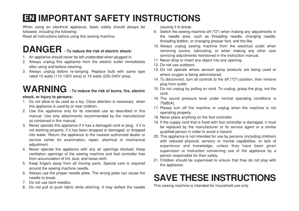 Danger save these instructions, Warning, Important safety instructions | SINGER 3232 SIMPLE User Manual | Page 2 / 64